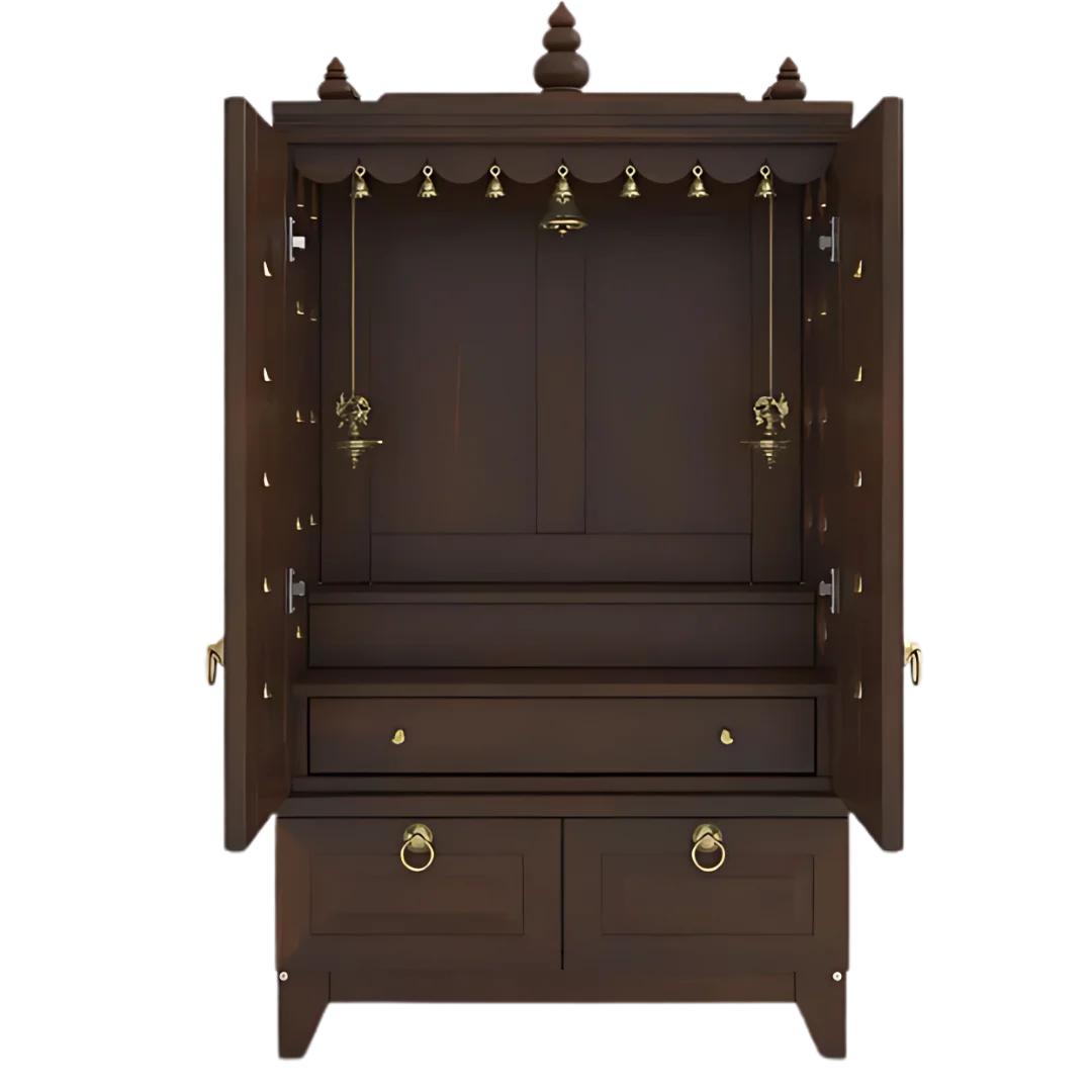 Eshvara Teak Wood Pooja Mandap with Door (Wenge) Open Door Front View