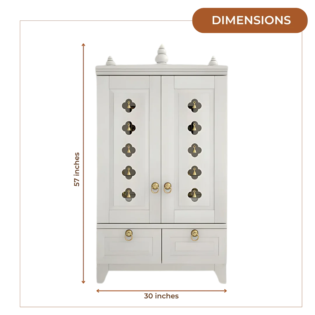 Eshvara Teak Wood Pooja Mandap with Door (White) Dimensions