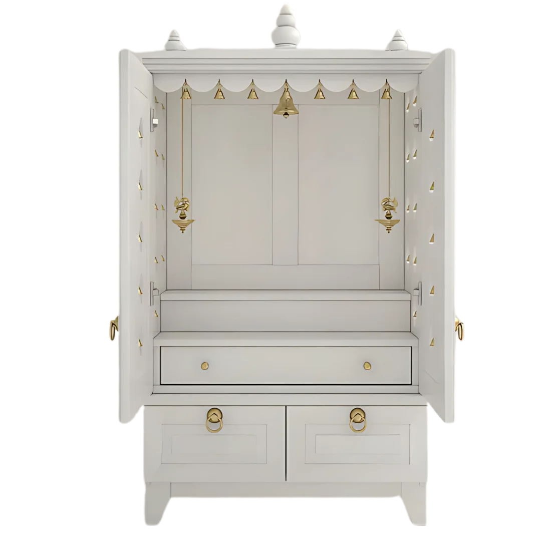Eshvara Teak Wood Pooja Mandap with Door (White) open door front view
