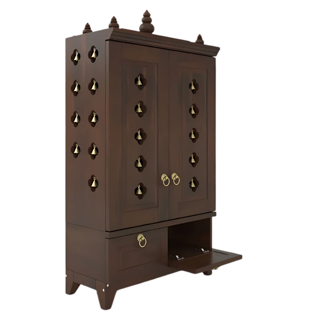 Eshvara Teak Wood Pooja Mandap with Door (Wenge) open drawer side angle