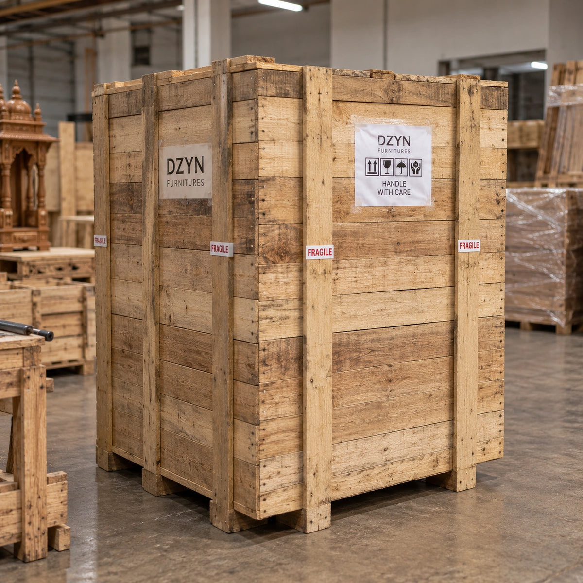 A large wooden shipping crate of DZYN Furnitures for international shipping, marked with white labels and 'FRAGILE' stickers, sitting on a concrete warehouse floor surrounded by other wooden pallets and furniture pieces.