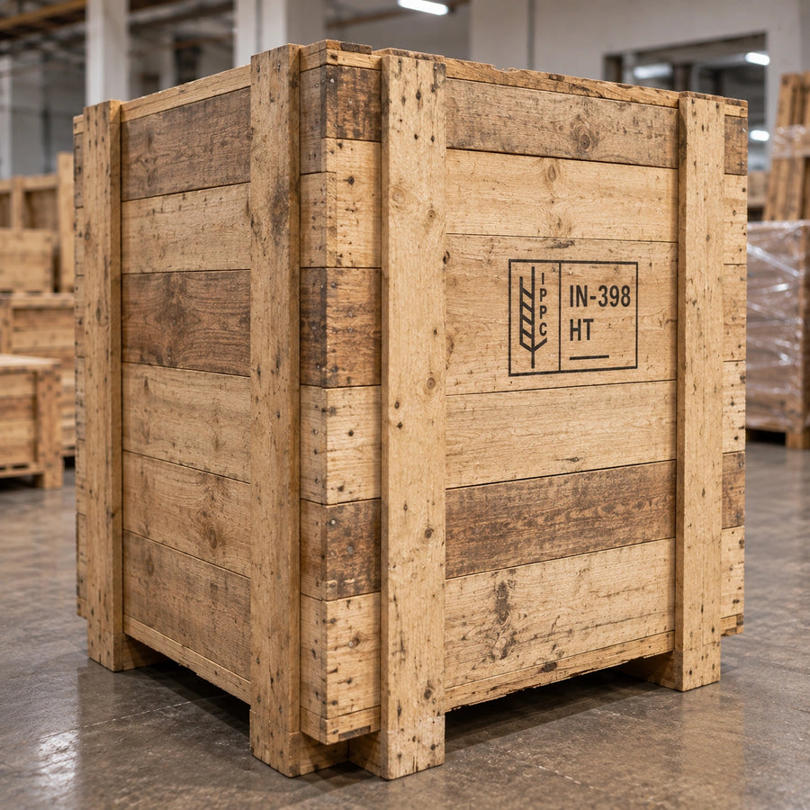 A large wooden export crate made of natural wood planks.