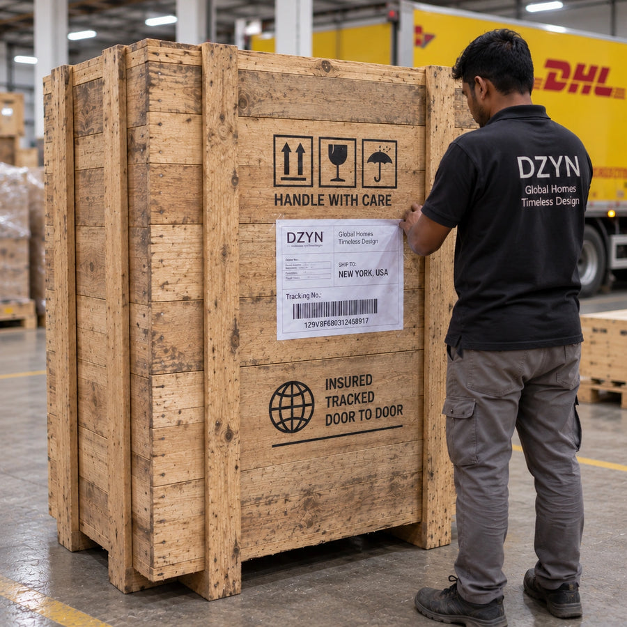 A man wearing a black DZYN shirt stands next to a large wooden shipping crate in a warehouse, attaching a label. The crate has DZYN branding, with a yellow DHL truck visible in the background.