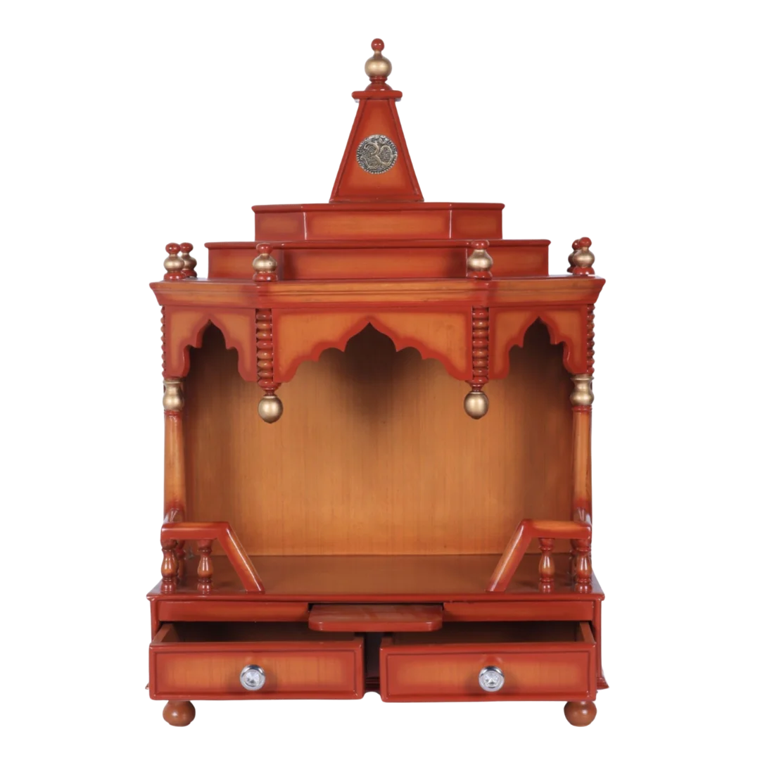 Front View of Brahma Shray Teak Wood Floor Rested Pooja Mandir (Teak Gold)