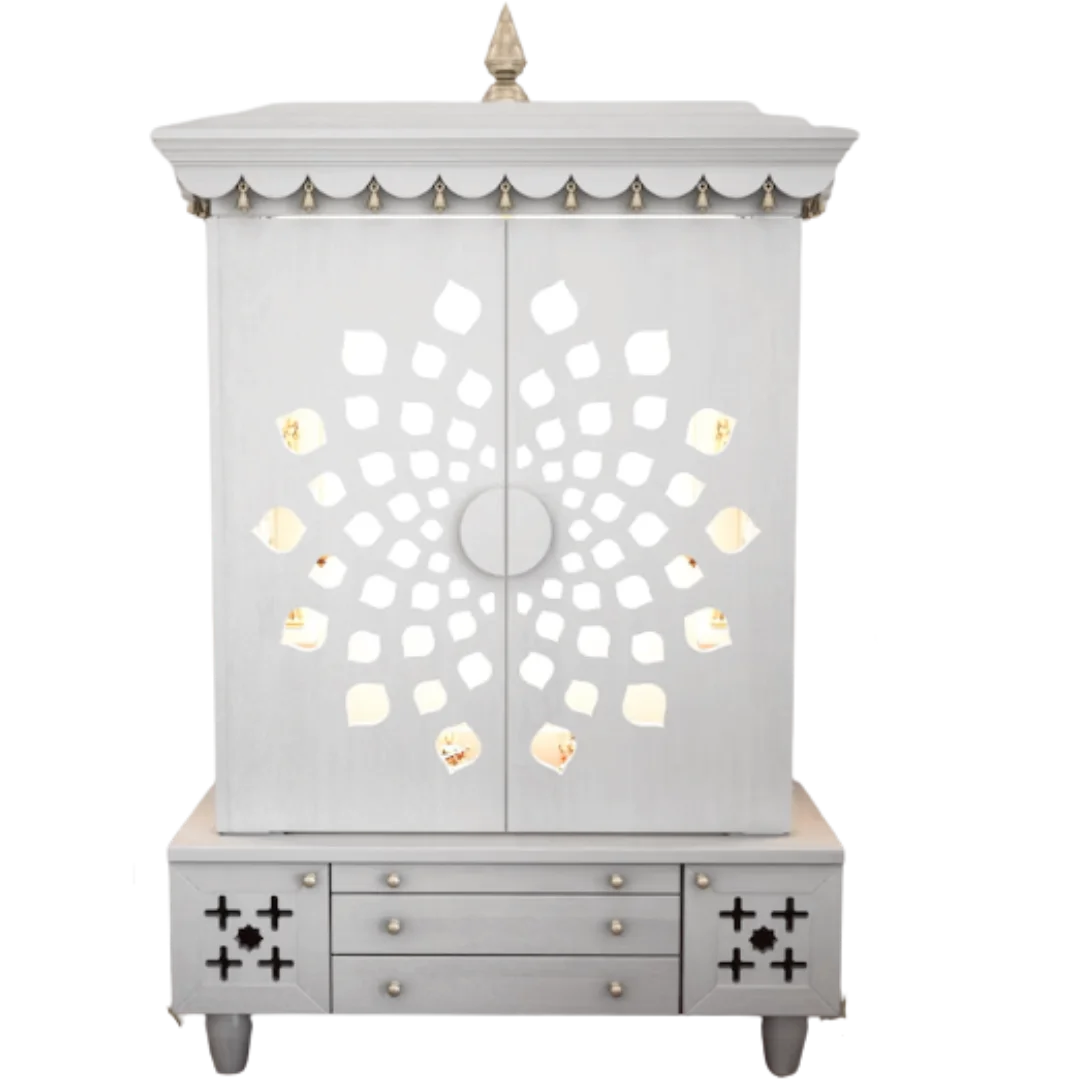 Front view of Anviksha Teak Wood Pooja Mandap With Door(White)
