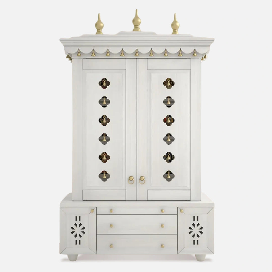Front view of Vrittika Teak Wood Pooja Mandap with Door (White)