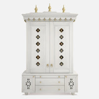 Front view of Vrittika Teak Wood Pooja Mandap with Door (White)