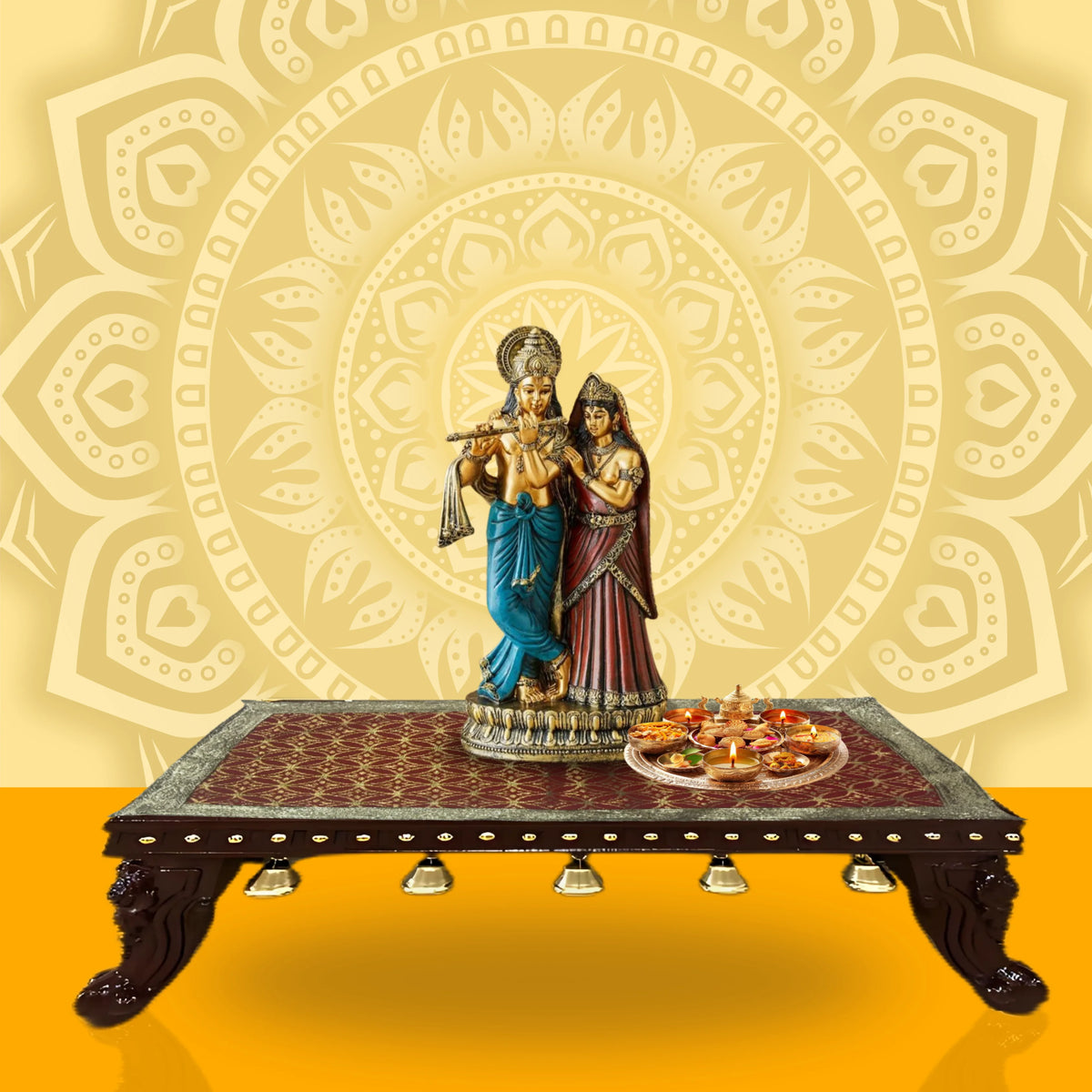 Golden Floral Design Red Velvet Pooja Asan front view