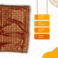 Golden Floral Print Red Satin Pooja Aasan style view