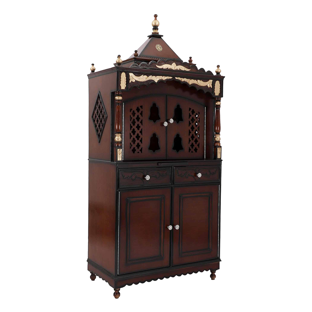 Sacred Palace Large Floor Rested Cupboard Pooja Mandir with Door (Brown Gold)