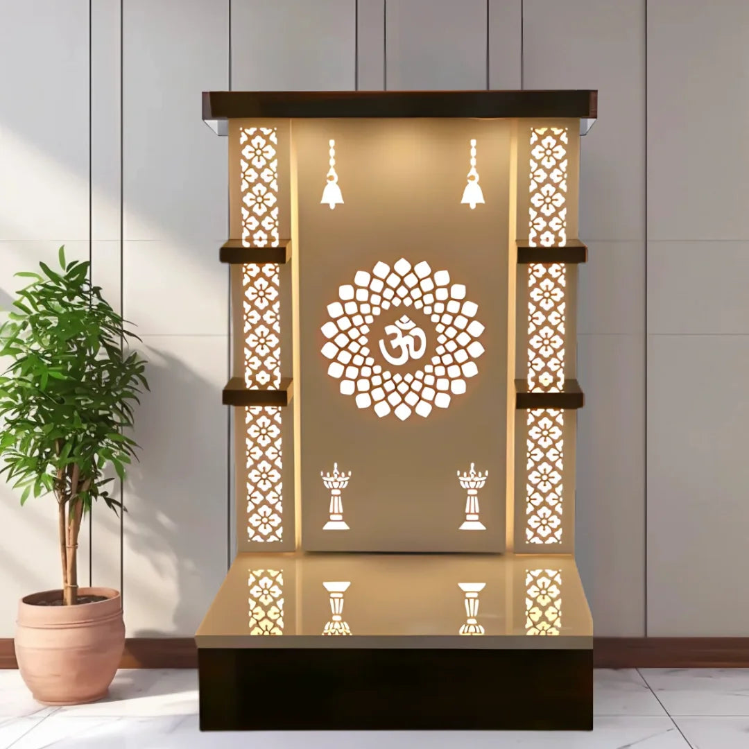 Jyoti Sthambh Wooden Pooja Mandir (Gold) Lifestyle image