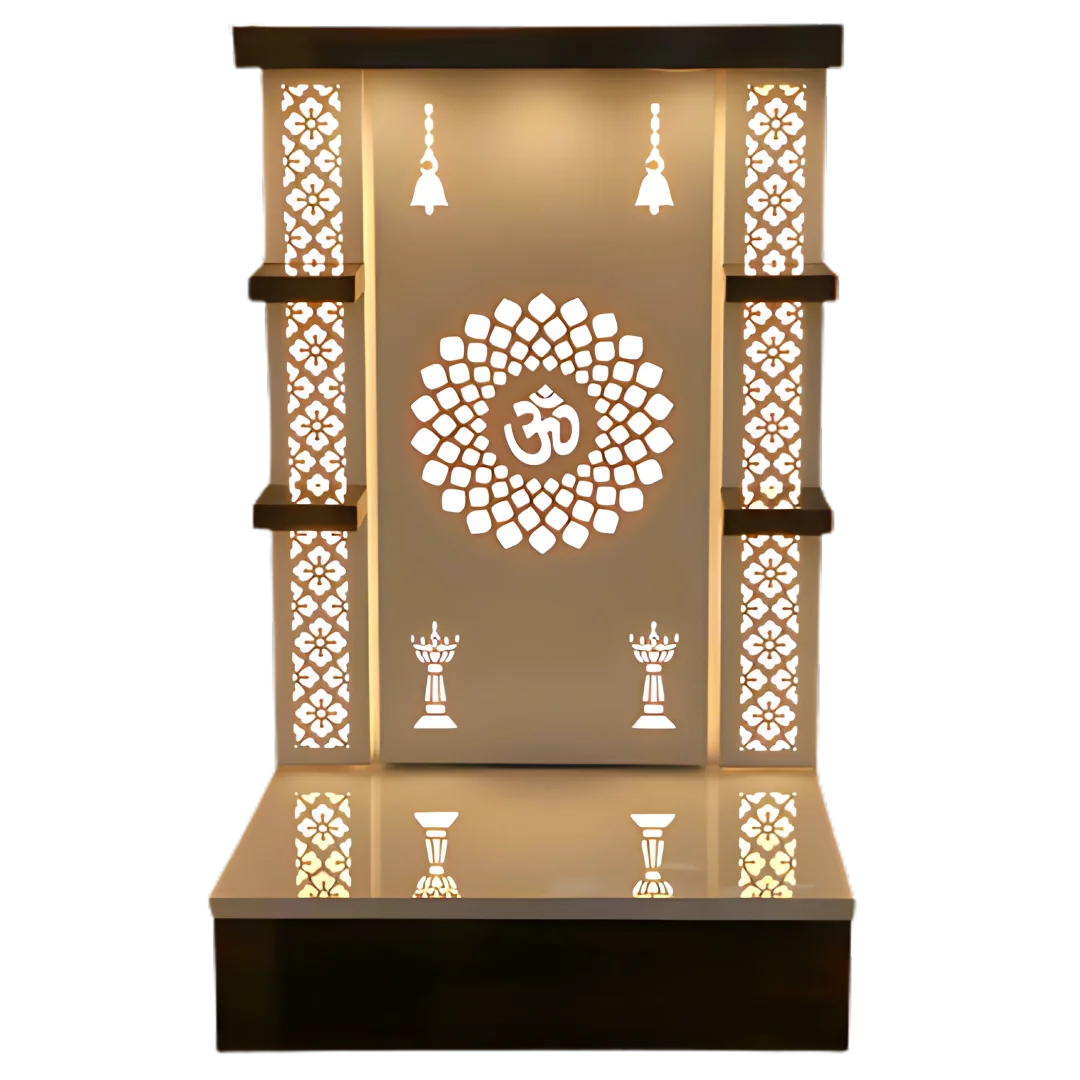 Jyoti Sthambh Wooden Pooja Mandir without Door(Gold) Front View