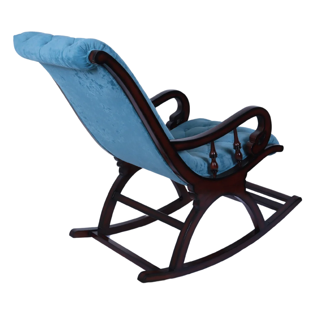 Kairo Teak Wood Fabric Rocking Chair (Brown Blue) back angle