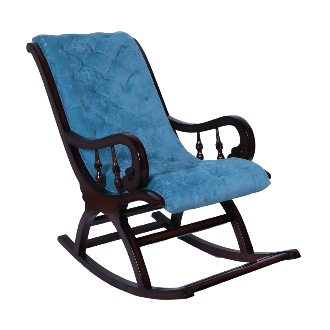 Kairo Teak Wood Fabric Rocking Chair (Brown Blue) side angle