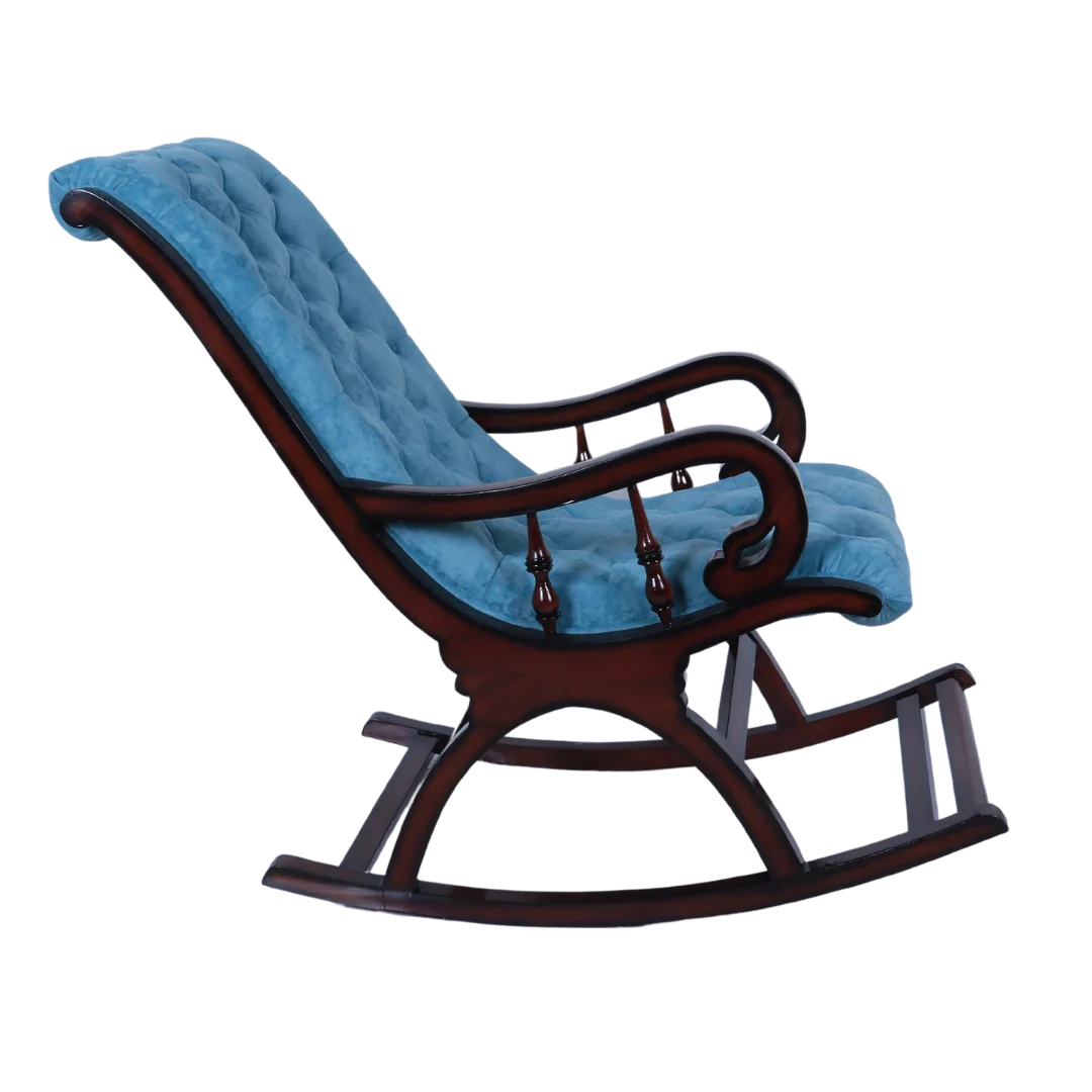Kairo Teak Wood Fabric Rocking Chair (Brown Blue) side view