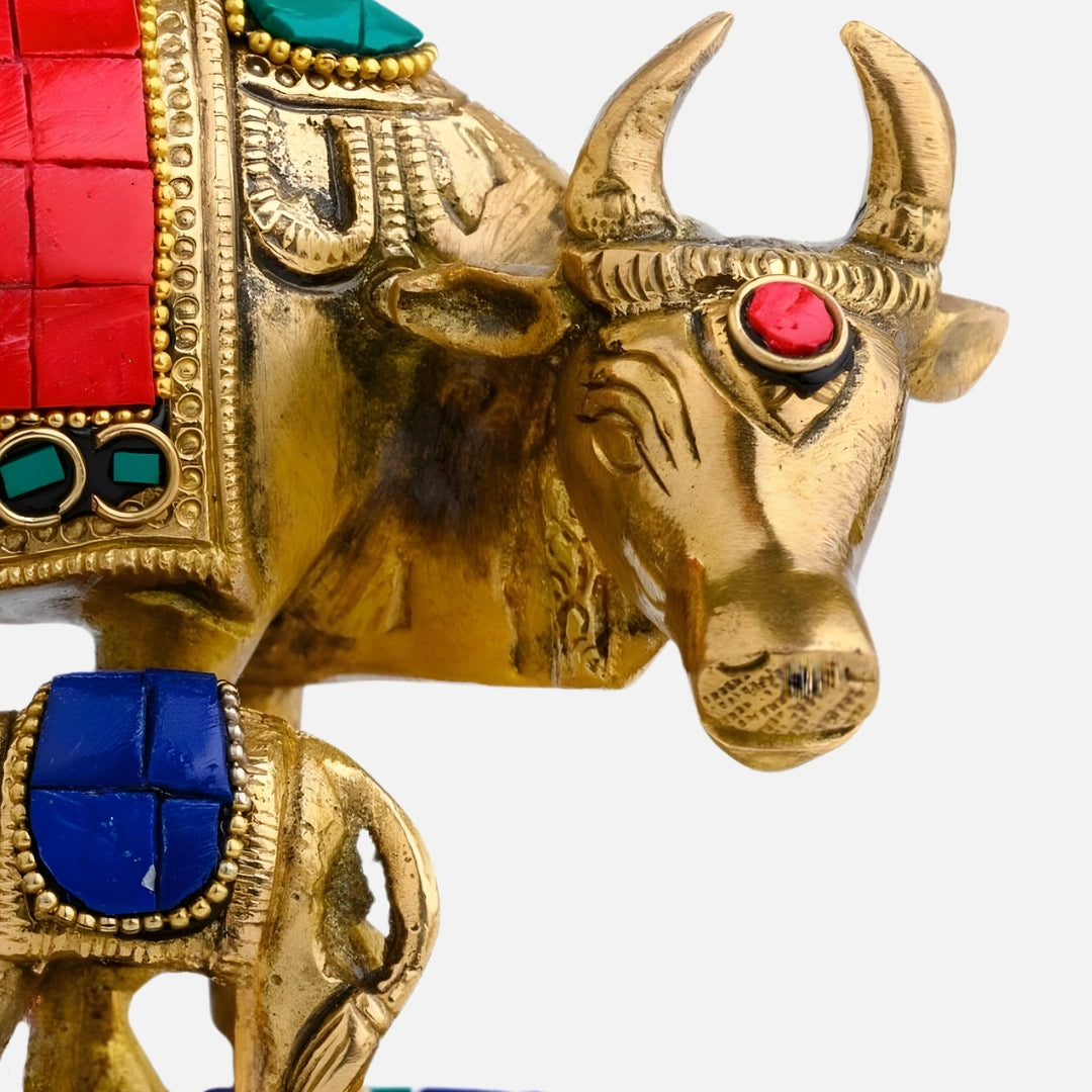 Kamdhenu Cow and Calf Brass Idol close view