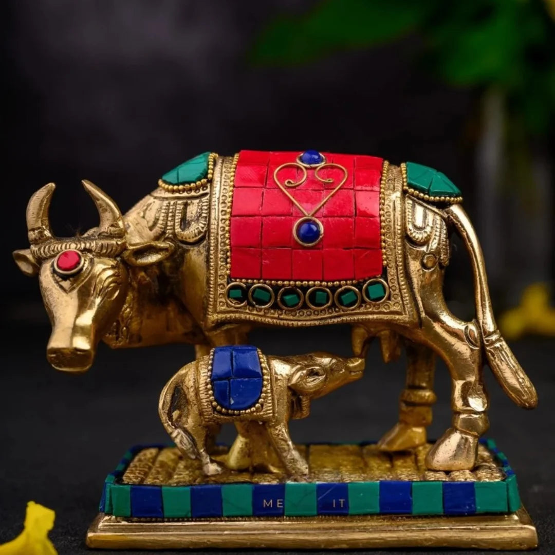Kamdhenu Cow and Calf Brass Idol lifestyle view