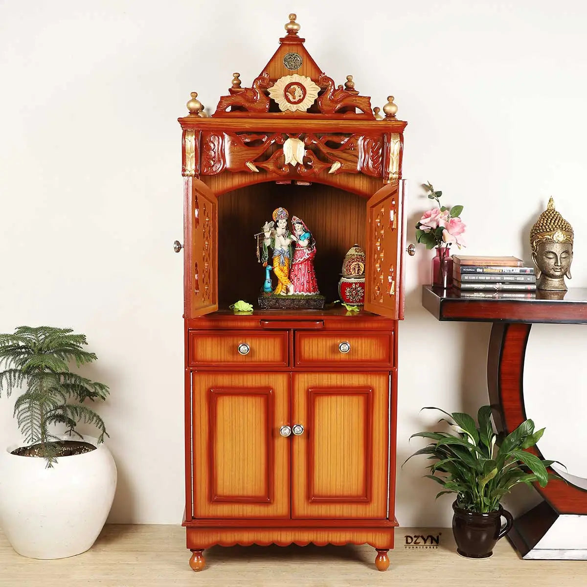 Kutustha Floor Rested Pooja Mandap with Door (Teak Gold) Lifestyle view