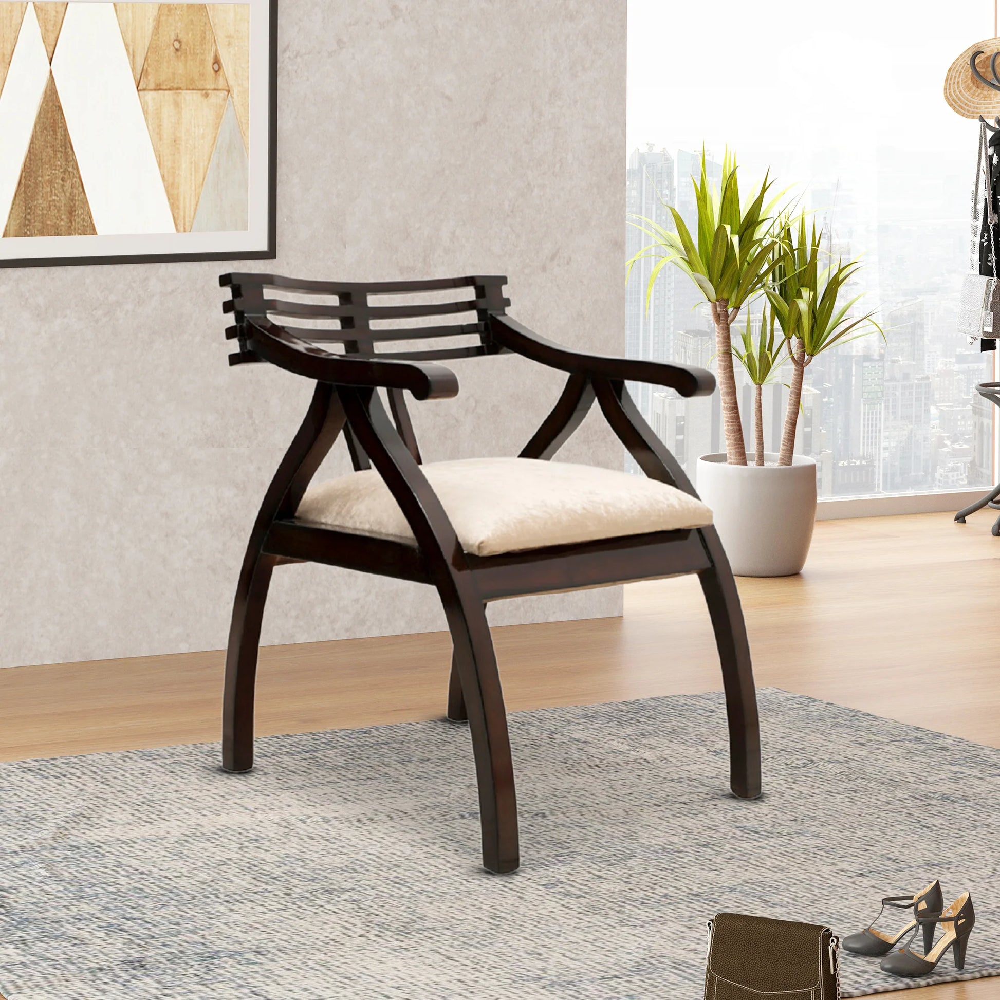 Lifestyle Image of Cubico Modern Upholstered Armchair with Tapered Legs (Brown Silver)