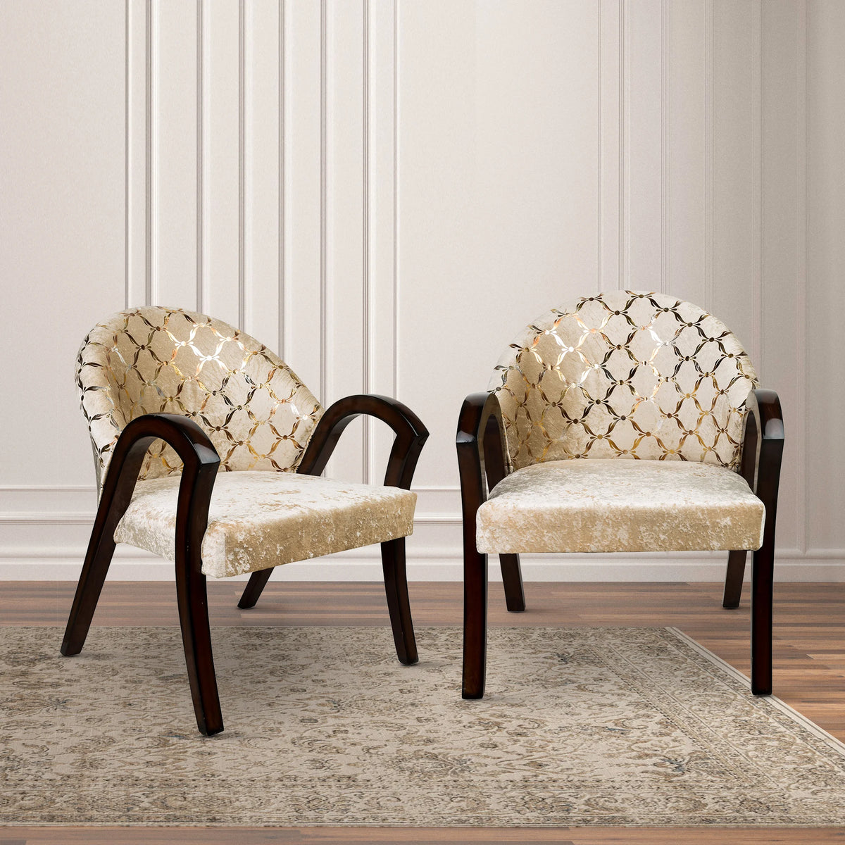 Lifestyle Image of Alteza Teak Wood Fabric Upholstered Arm Chair (Brown Beige)