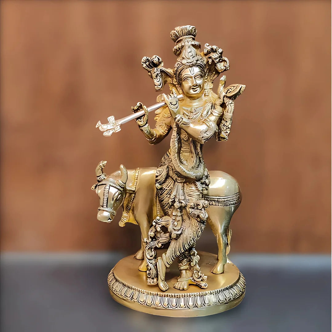 Lord Krishna Brass Idol with Cow lifestyel view