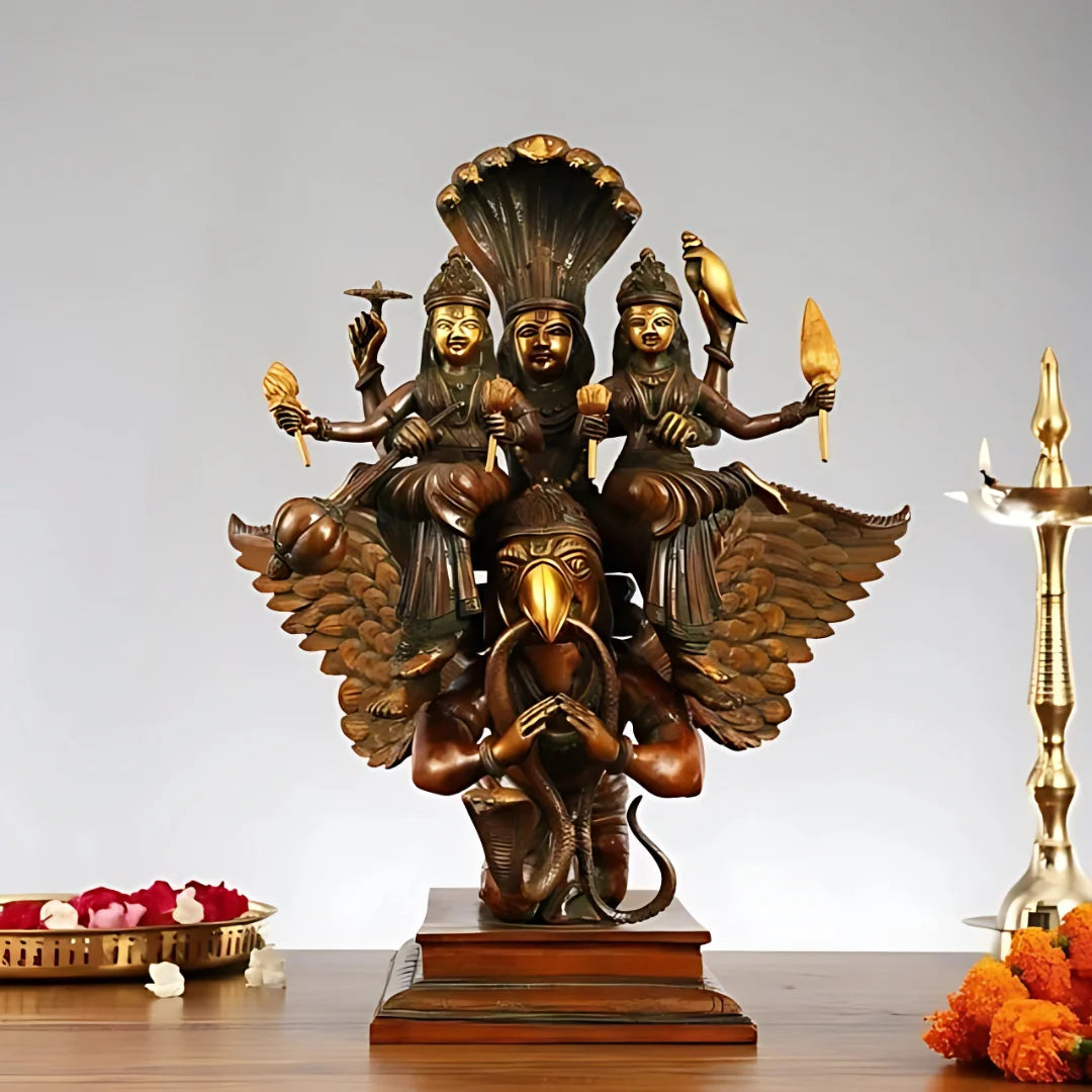 Lord Vishnu with Goddess Lakshmi, Saraswati, and Lord Garuda Brass Idol 2lifestyle view