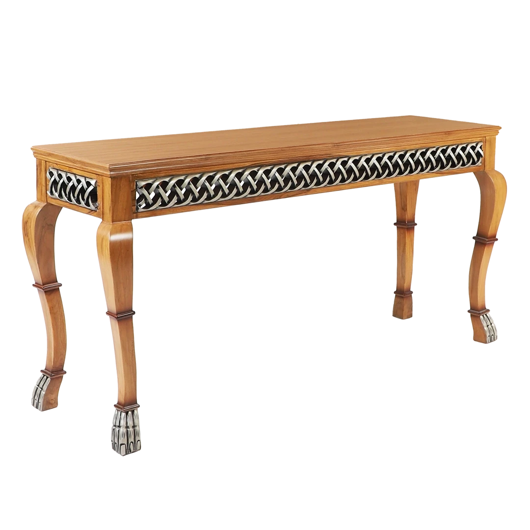 Lustrous Solid Wood Console Table in Teak color 45° side view