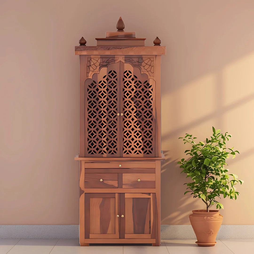 Namrah Teak Wood Pooja Mandap with Door (Teak) lifestyle view