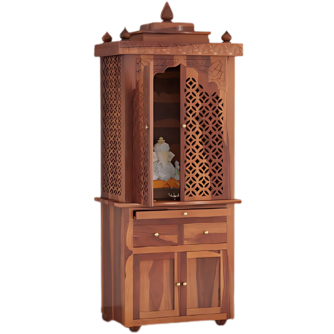 Namrah Teak Wood Pooja Mandap with Door (Teak) side angle