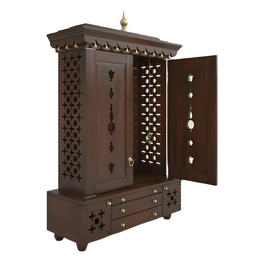 Omkaram Teak Wood Pooja Mandap with Door (Brown) Side Angle