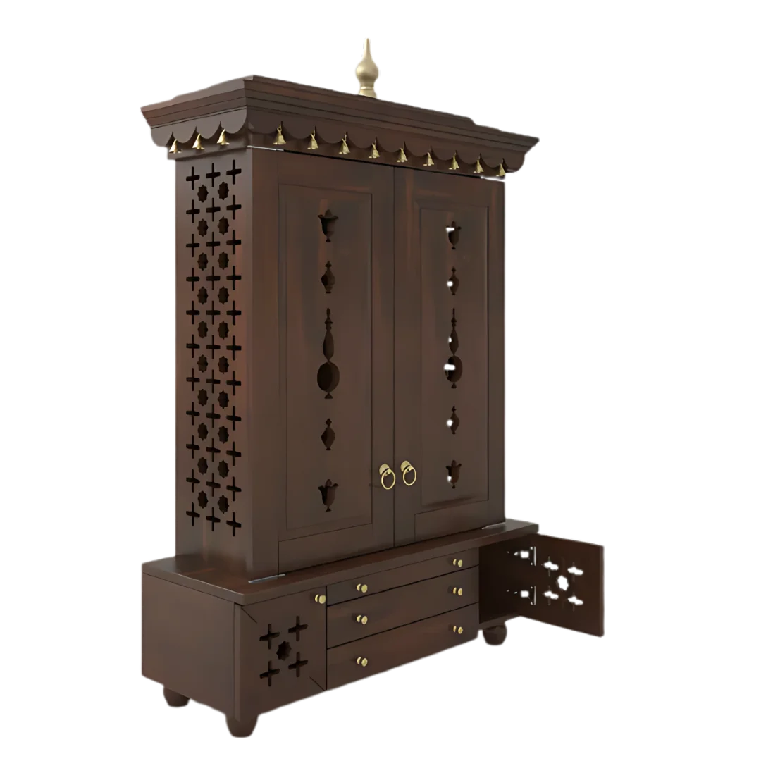 Omkaram Teak Wood Pooja Mandap with Door (Brown) Side View