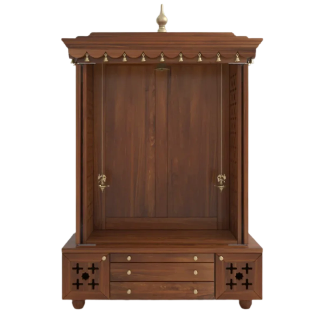 Omkaram Teak Wood Pooja Mandap with Door (Teak) open door front view