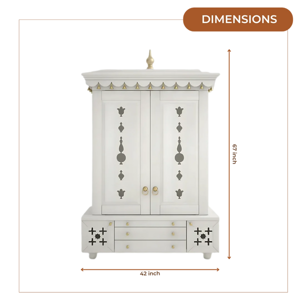 Omkaram Teak Wood Pooja Mandap with Door (White) Dimensions