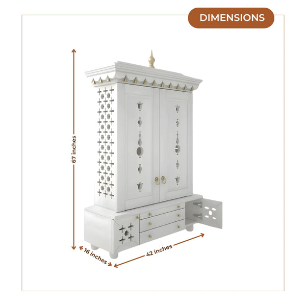 Omkaram Teak Wood Pooja Mandap with Door (White) dimensions image