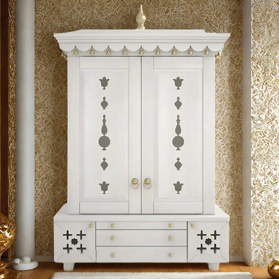 Omkaram Teak Wood Pooja Mandap with Door (White) lifestyle view