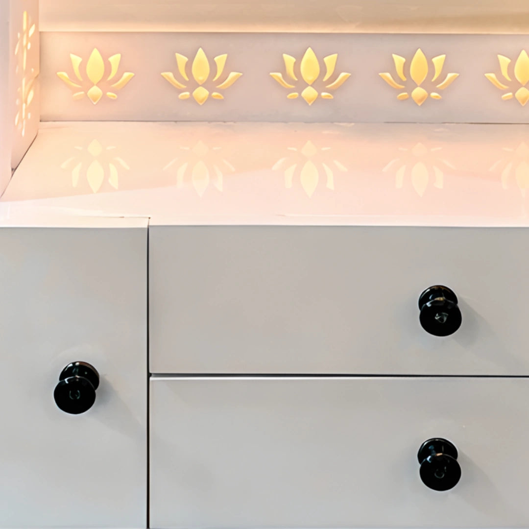 Omlina Wooden Corian Mandir (White) drawers view