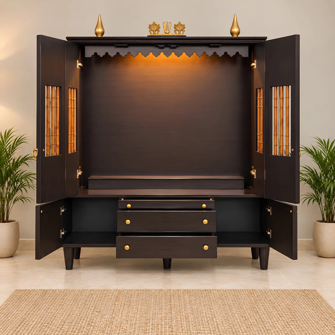Anandam Teak Wood Pooja Mandap with Door (Brown) Open View