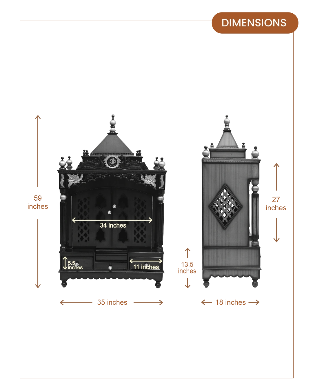 Pooja Graham Large Floor Rested Pooja Mandir with Door (Brown Gold) dimensions