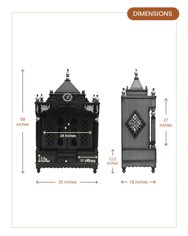 Pooja Graham Large Floor Rested Pooja Mandir with Door (Brown Gold) dimensions