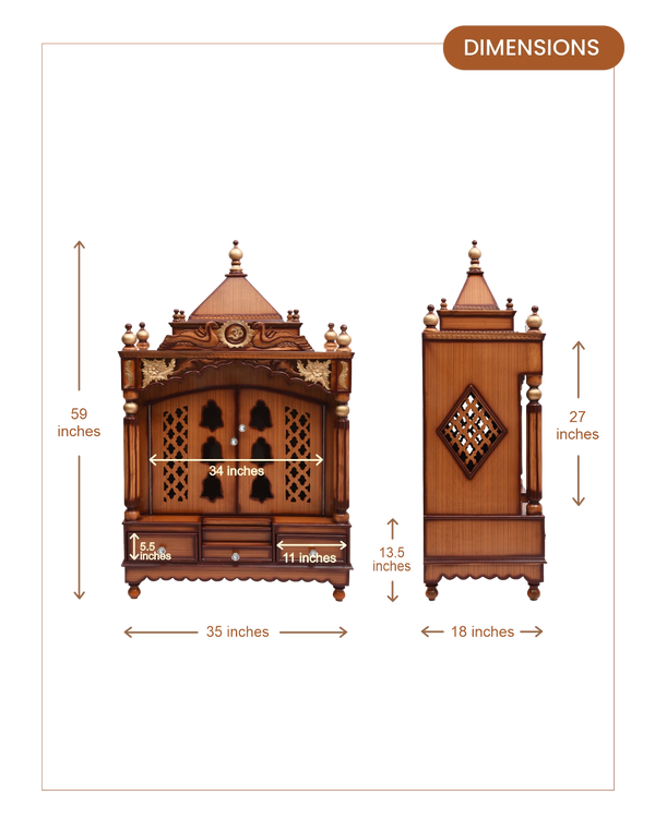 Pooja Graham Large Floor Rested Pooja Mandir with Door (Teak Gold) dimensions