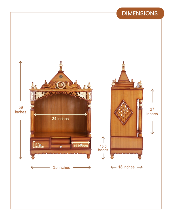 Pooja Graham Large Floor Rested Pooja Mandir without Door (Teak Gold) dimensions