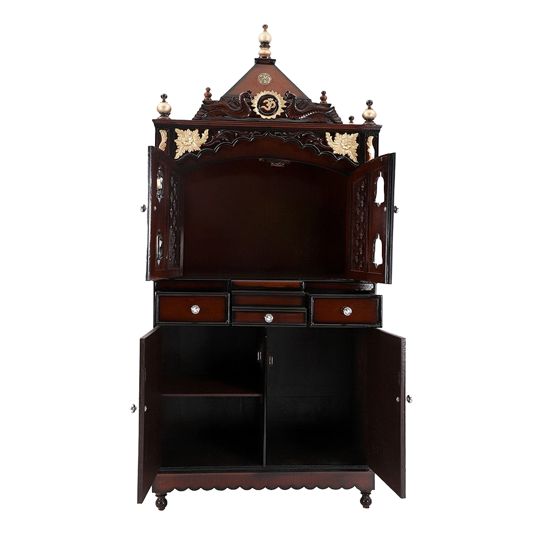 Pooja Graham Large Floor Rested Pooja Mandap/Wooden temple with doors for home in Brown Gold color front view open drawers