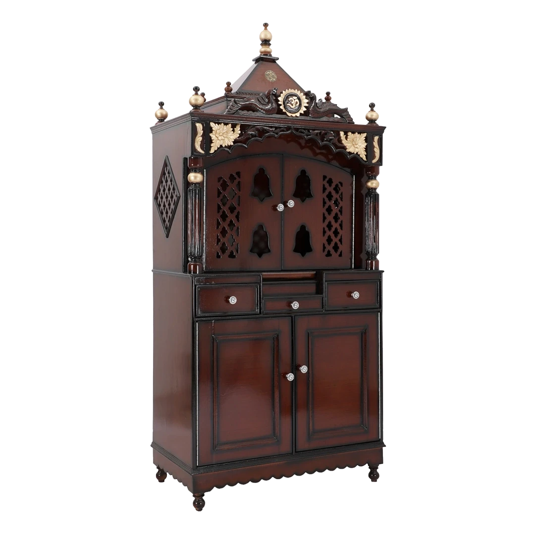 Pooja Graham Large Floor Rested Pooja Mandap/Wooden temple with doors for home in Brown Gold color 45° side view