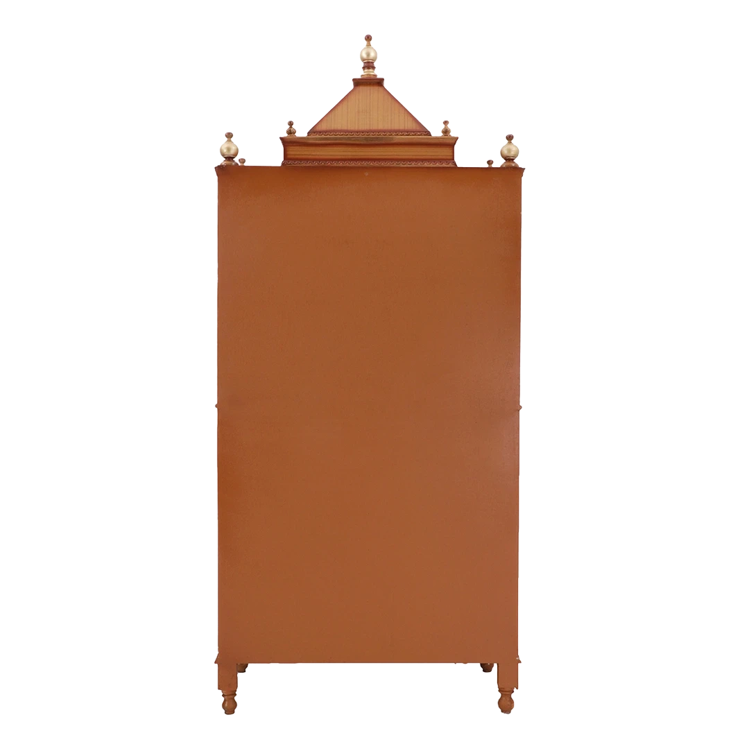 Pooja Graham Large Floor Rested Pooja Mandap/Wooden temple with doors for home in Teak Gold color back view