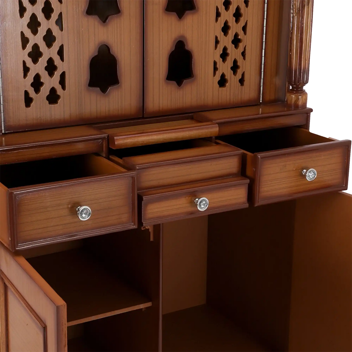 Pooja Graham Large Floor Rested Pooja Mandap/Wooden temple with doors for home in Teak Gold color zoom view open drawers