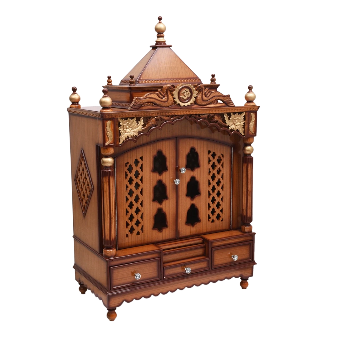 Pooja Graham Large Floor Rested Pooja Mandir/Wooden temple with doors for home in Teak Gold color 45° side view