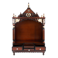 Pooja Graham Large Floor Rested Pooja Mandir/Wooden temple for home in Brown Gold color front view open drawers