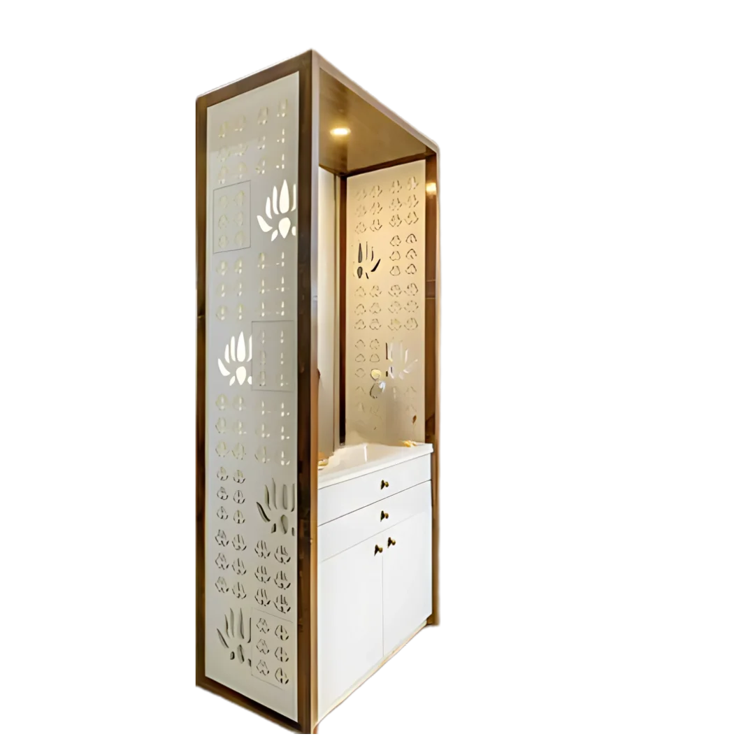 Prakash Dham Teak Wood Pooja Mandap Without Door(White Gold) Side Angle