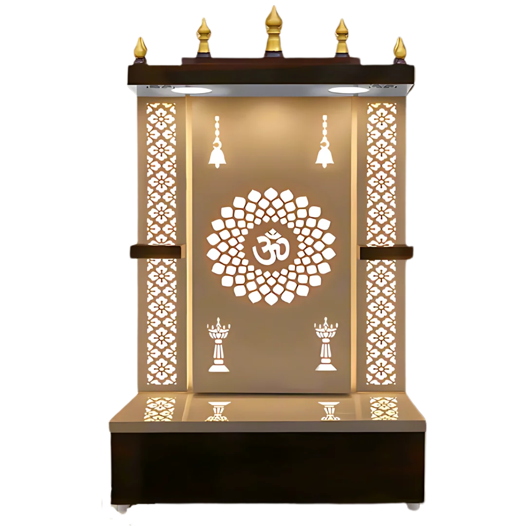 Prakasham Wooden Pooja Mandir without Door(Gold) Front View