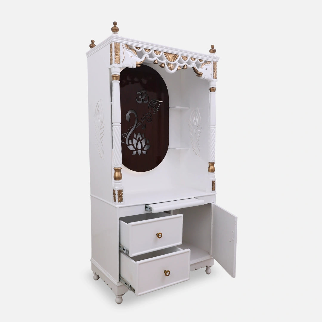 Prarthika Teak Wood Mandap (White) open drawer side angle